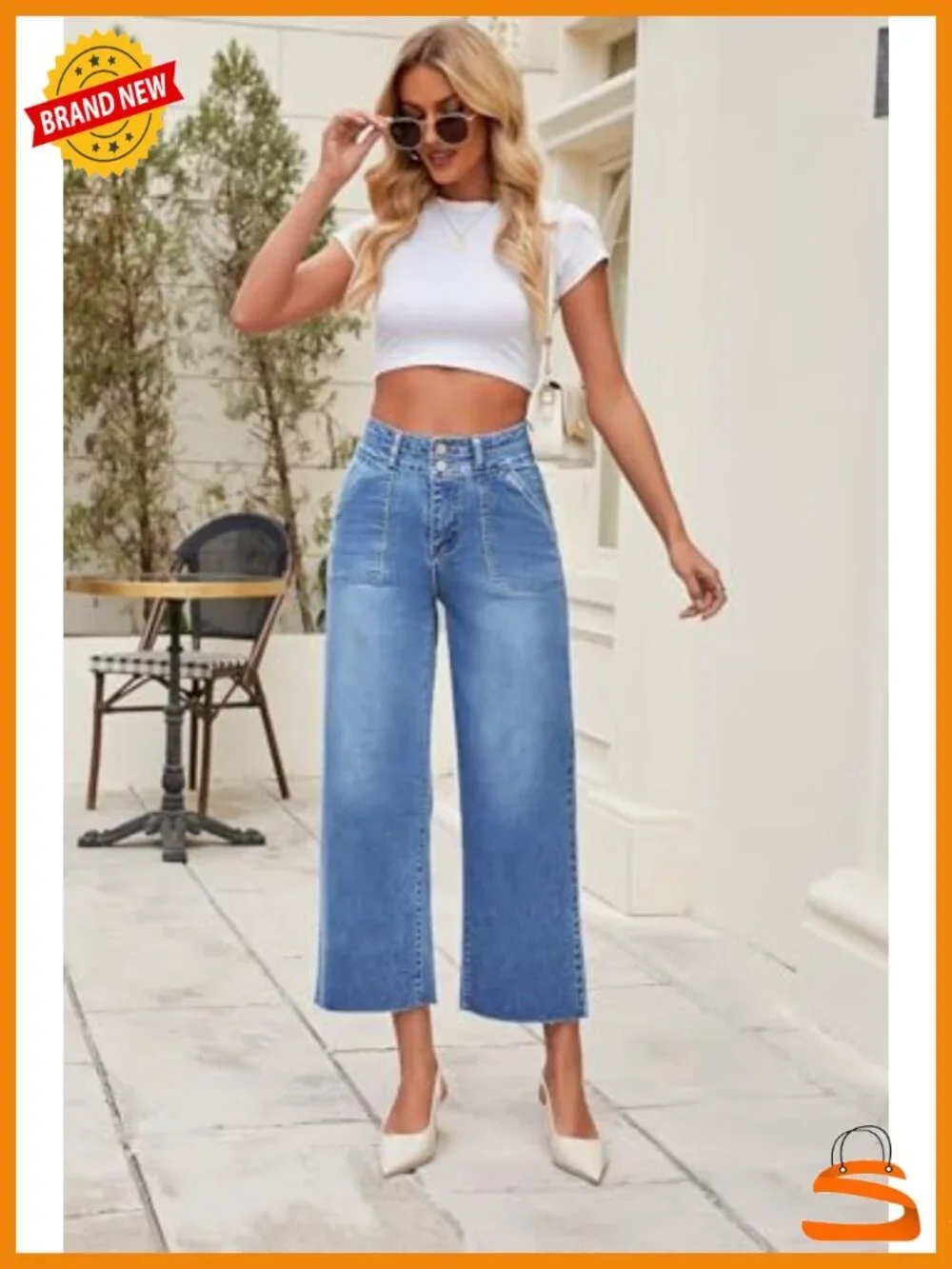 Womens High Rise Two Button Closure Cropped Wide Leg Jeans with Slip Pockets